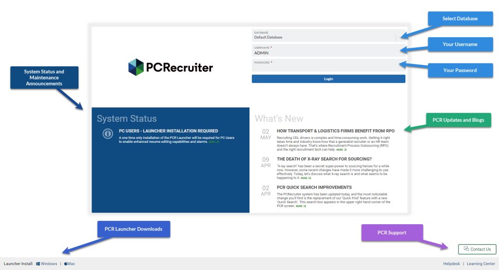 PCRecruiter Login Screen
