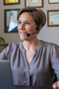 a woman speaking on a headset